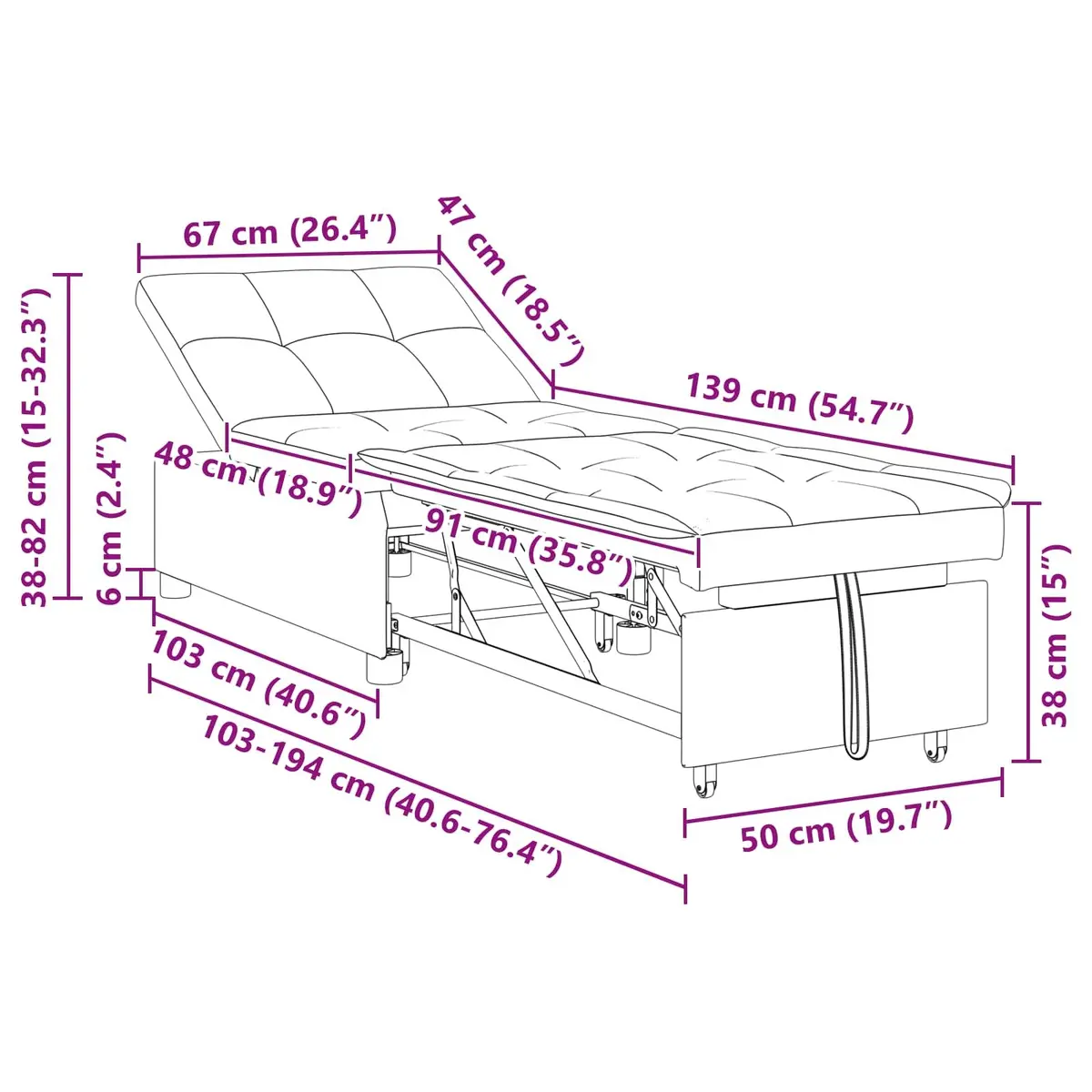 Sofa Bed Black Modern Minimalist 194 x 67 x 82 cm Velvet Plywood
