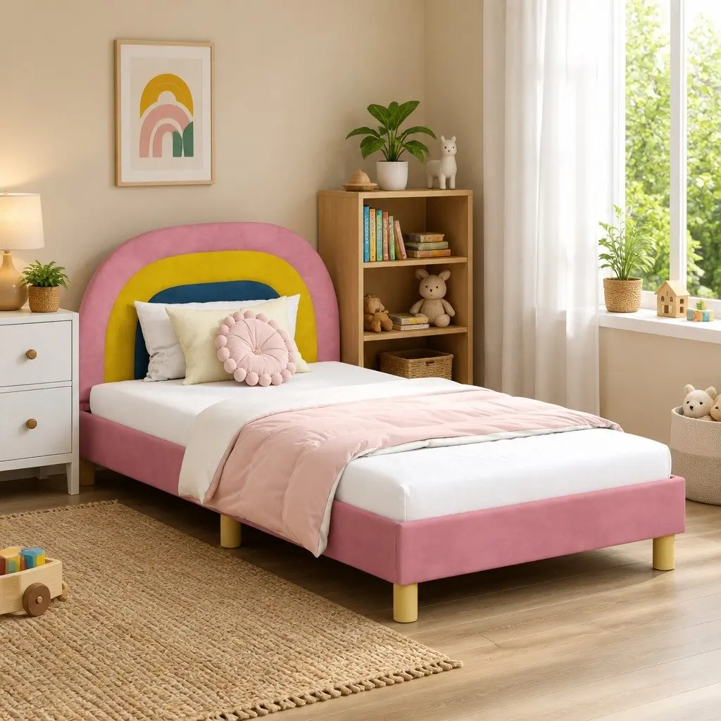 Kids Bed Frame Pink 90x190cm Slatted Base Velvet Touch with Headboard