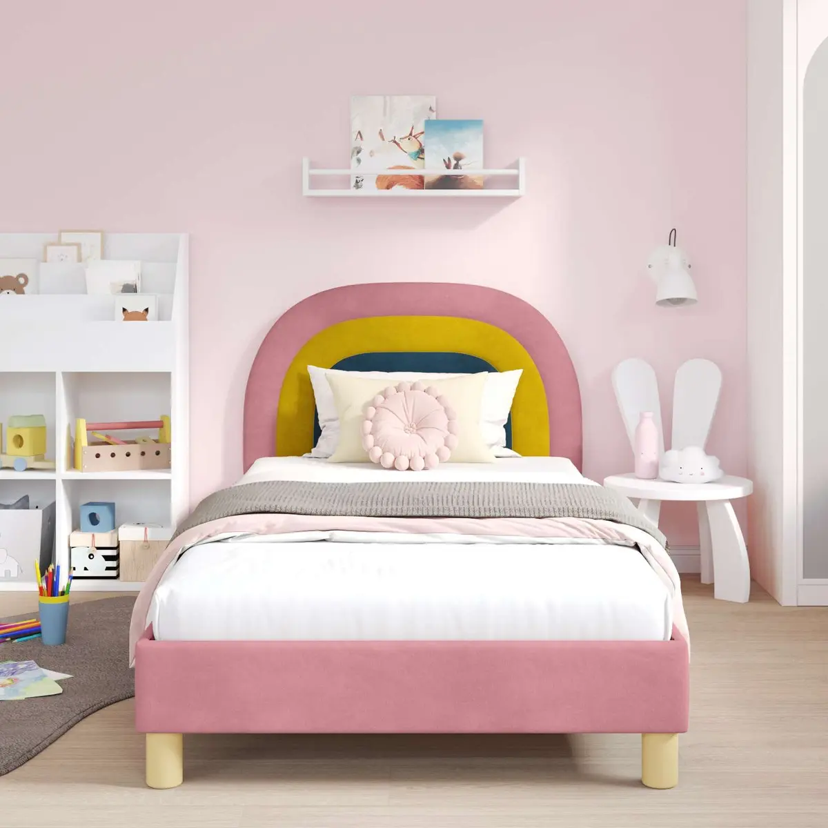 Kids Bed Frame Pink 90x190cm Slatted Base Velvet Touch with Headboard
