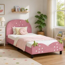 Pink Velvet Kids Bed Frame with Headboard 90 x 190 cm
