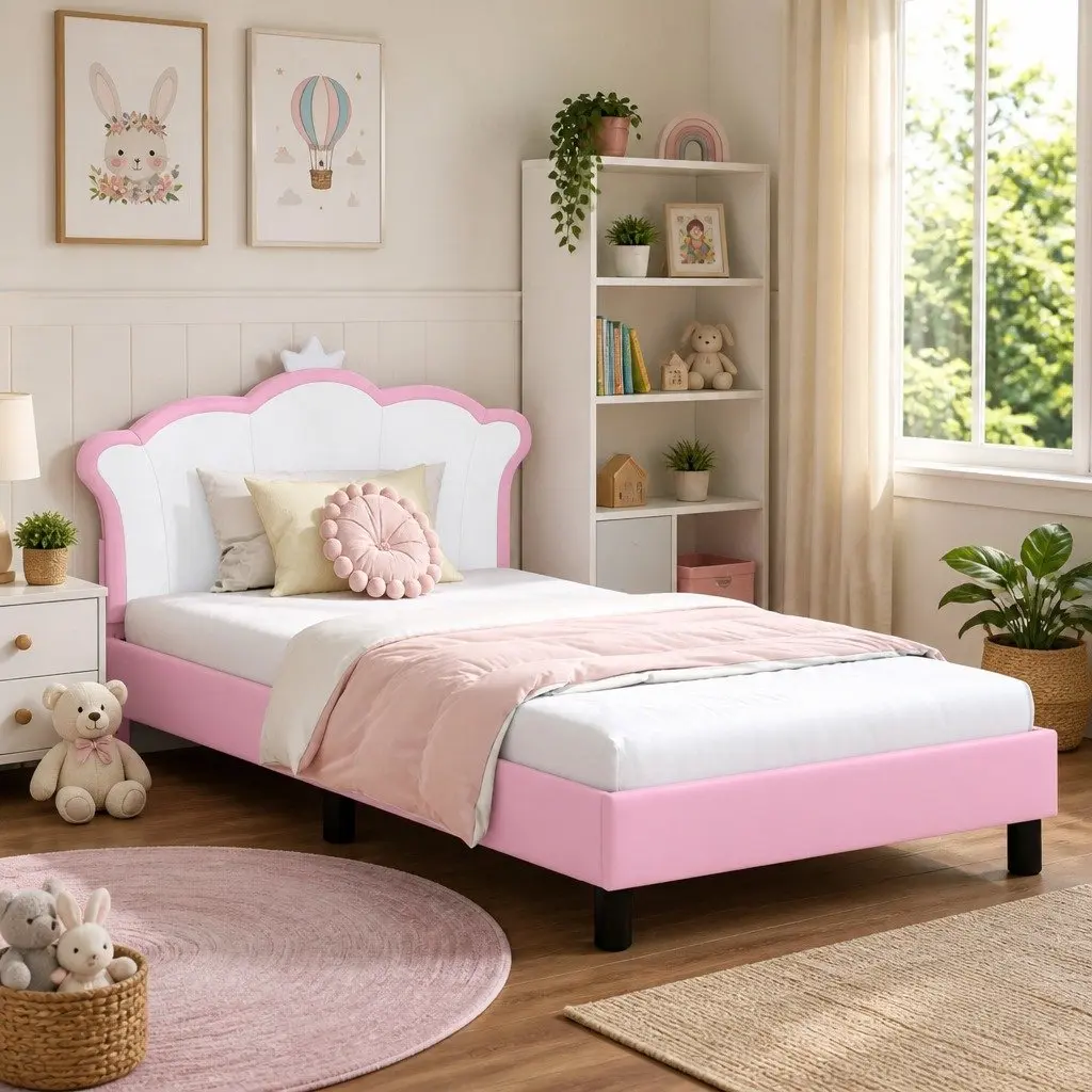 Pink Kids Bed Frame with Headboard 90 x 190 cm