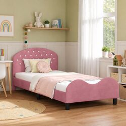 Pink Velvet Kids Bed Frame with Headboard 90 x 190 cm