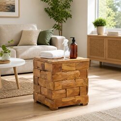 Brown Rectangular Storage Stool in Solid Teak Wood