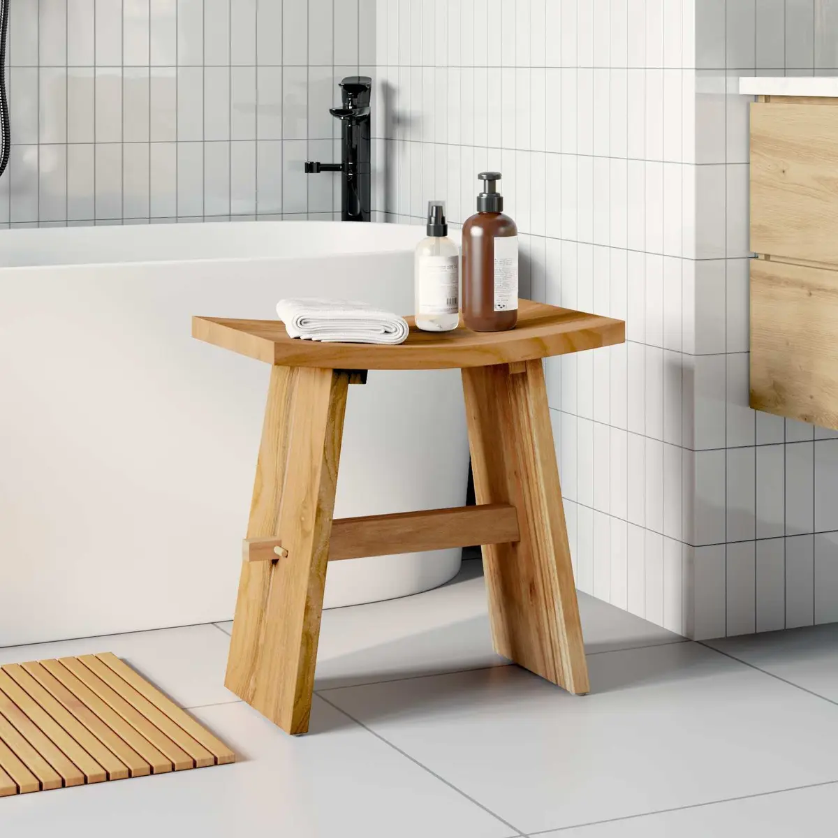 Bathroom Stool Modern Brown Solid Teak Wood Indoor Seating Backless Compact