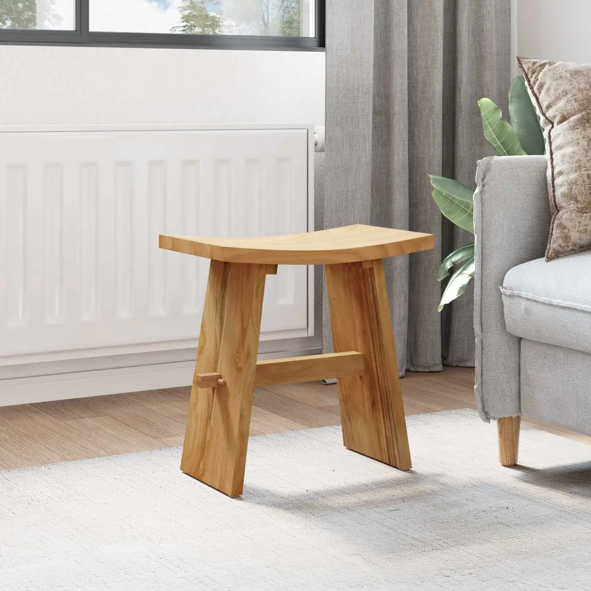Bathroom Stool Modern Brown Solid Teak Wood Indoor Seating Backless Compact