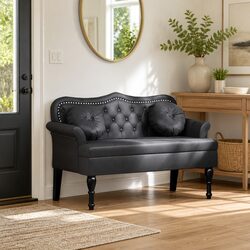 Chesterfield Bench in Black Faux Leather with Tufted Seat