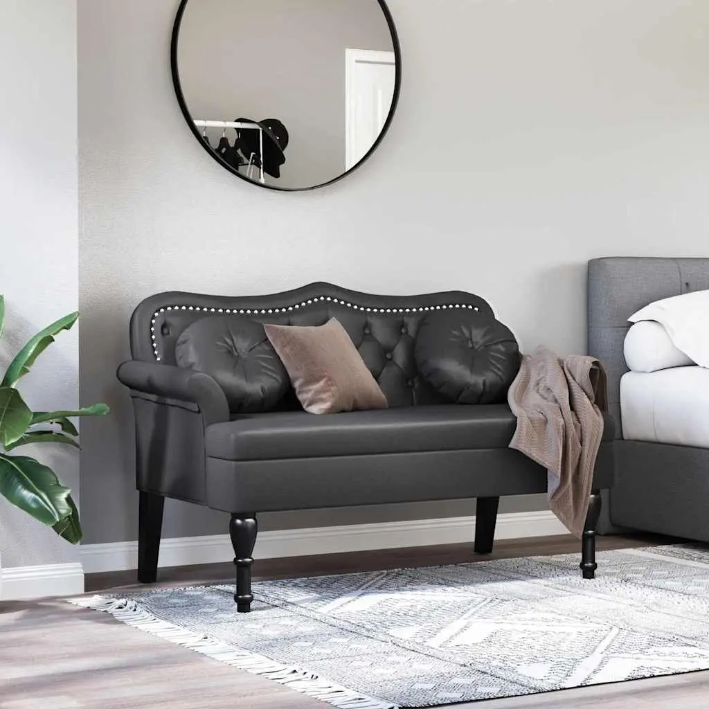 Chesterfield Bench Black Faux Leather Button Tufted Seat 120.5cm x 65cm x 75cm Plywood Frame Rubberwood Legs