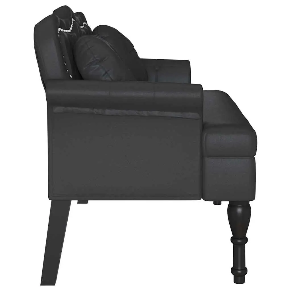 Chesterfield Bench Black Faux Leather Button Tufted Seat 120.5cm x 65cm x 75cm Plywood Frame Rubberwood Legs