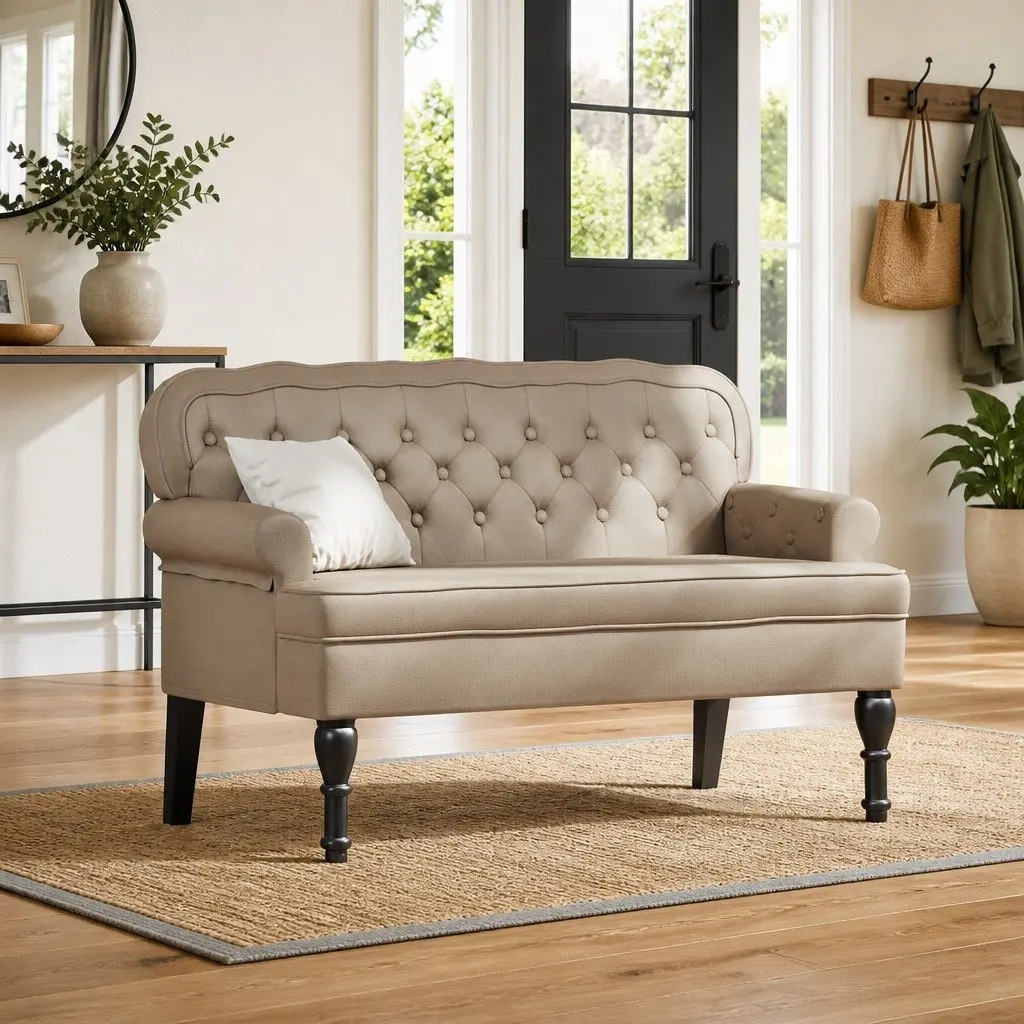 Brown Faux Leather Chesterfield Bench with Rolled Armrests
