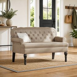 Brown Faux Leather Chesterfield Bench with Rolled Armrests
