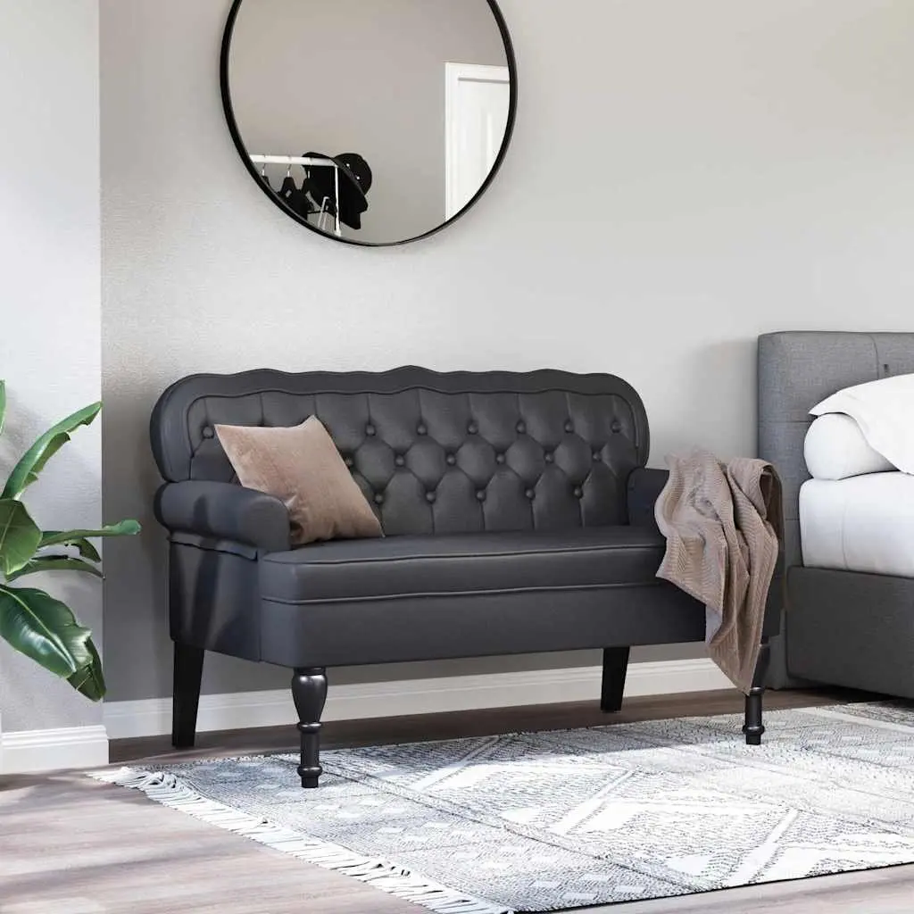 Chesterfield Bench Black Faux Leather Button Tufted Rolled Armrests Seating