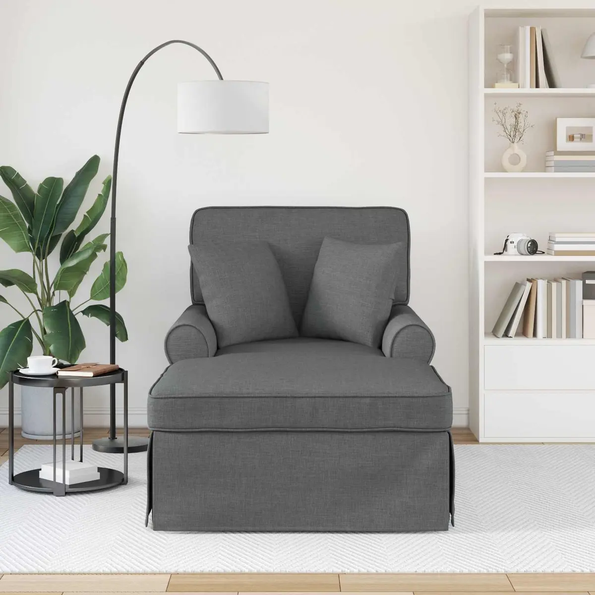 Chaise Lounge with Skirt Grey Fabric Modern Living Room Bedroom Relaxation