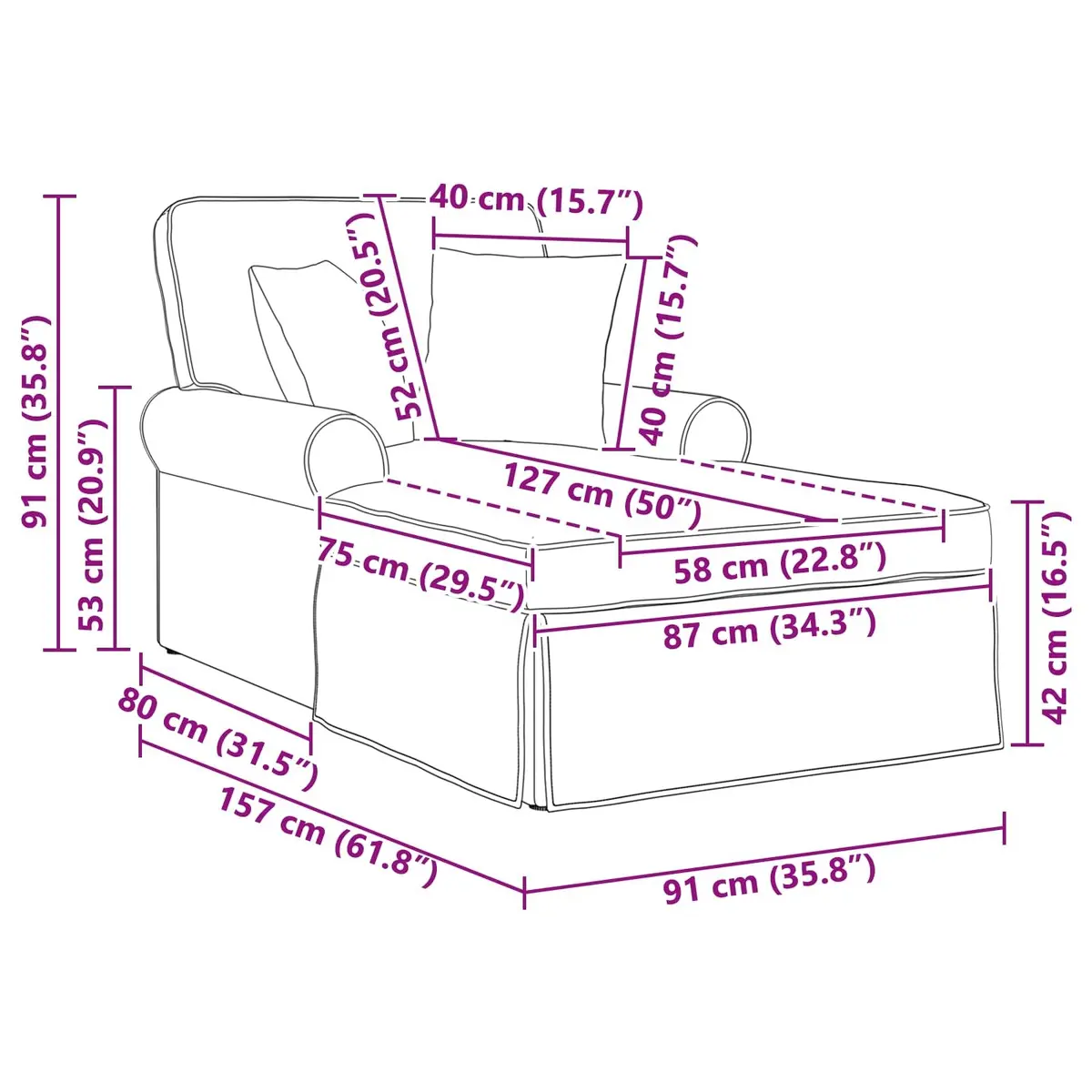 Chaise Lounge Modern with Skirt 3 Piece Dark Grey Corduroy Fabric
