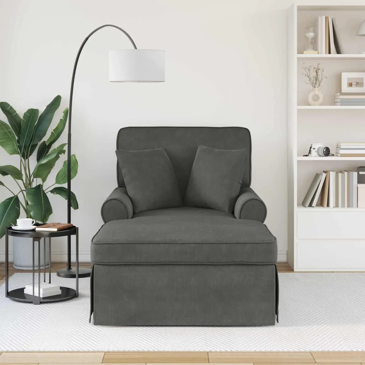 Chaise Lounge Modern with Skirt 3 Piece Dark Grey Corduroy Fabric