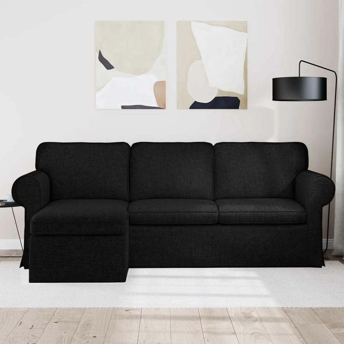 Black Fabric Sofa Modern Living Room Furniture 215cm Wide Modular Lounge Suite