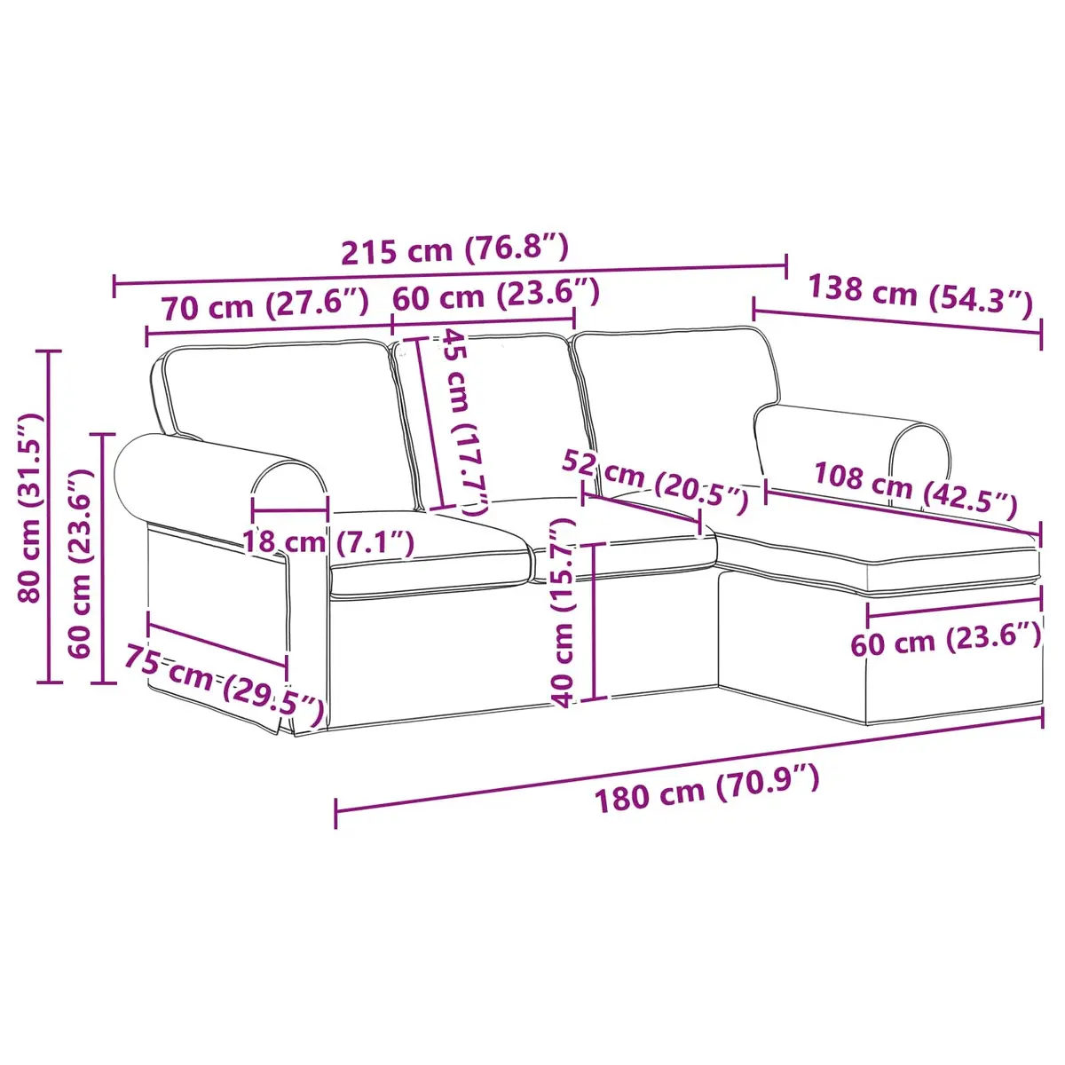 Black Fabric Sofa Modern Living Room Furniture 215cm Wide Modular Lounge Suite