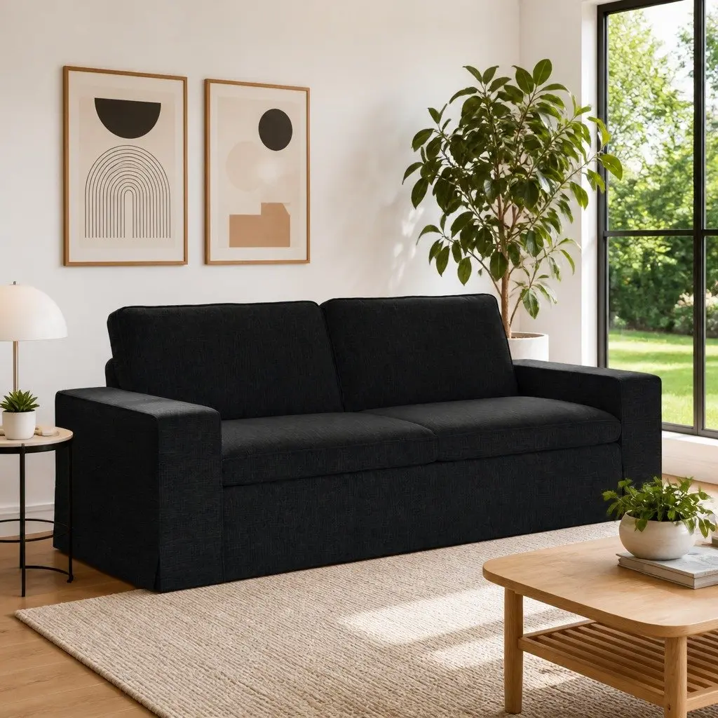 Modular Sofa Black 222x80x82cm Contemporary Metal Frame Engineered Wood Armrests Foam and Fibre Filled Cushion