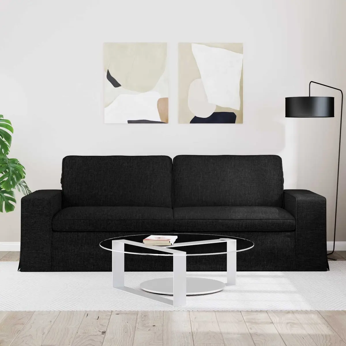 Modular Sofa Black 222x80x82cm Contemporary Metal Frame Engineered Wood Armrests Foam and Fibre Filled Cushion