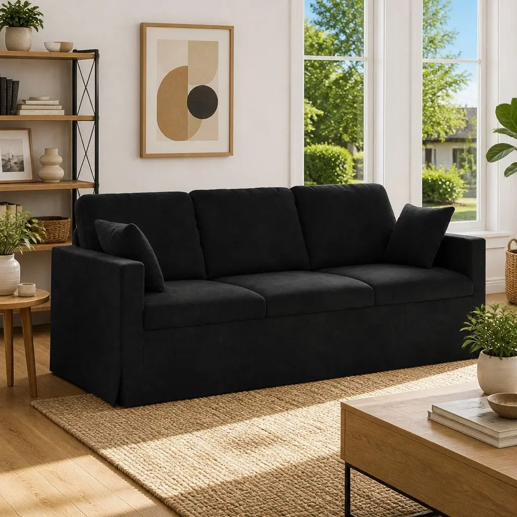 Black Velvet Sofa Modern Lounge Seating 198cm Metal Frame Engineered Wood Armrests Plastic Bun Feet