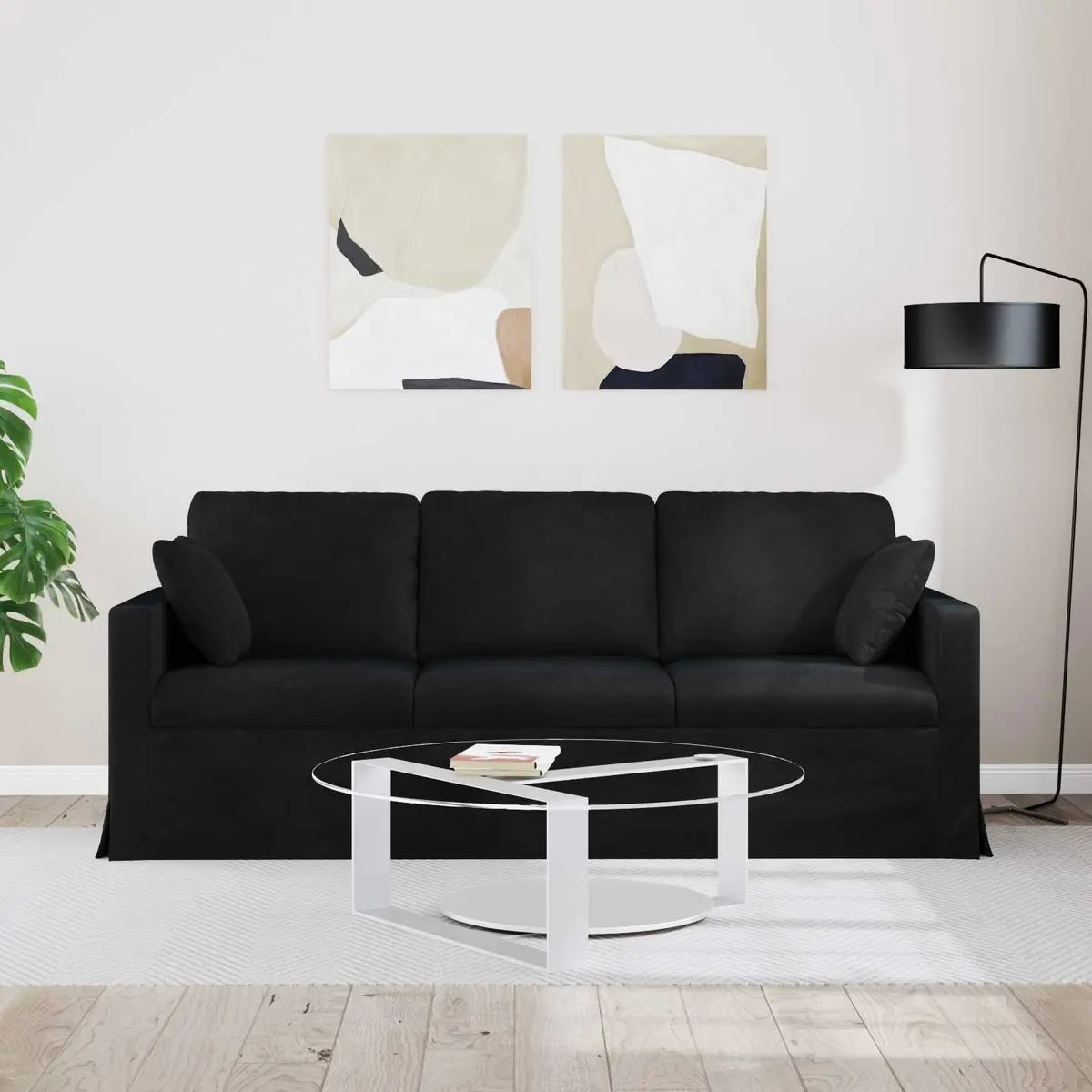Black Velvet Sofa Modern Lounge Seating 198cm Metal Frame Engineered Wood Armrests Plastic Bun Feet