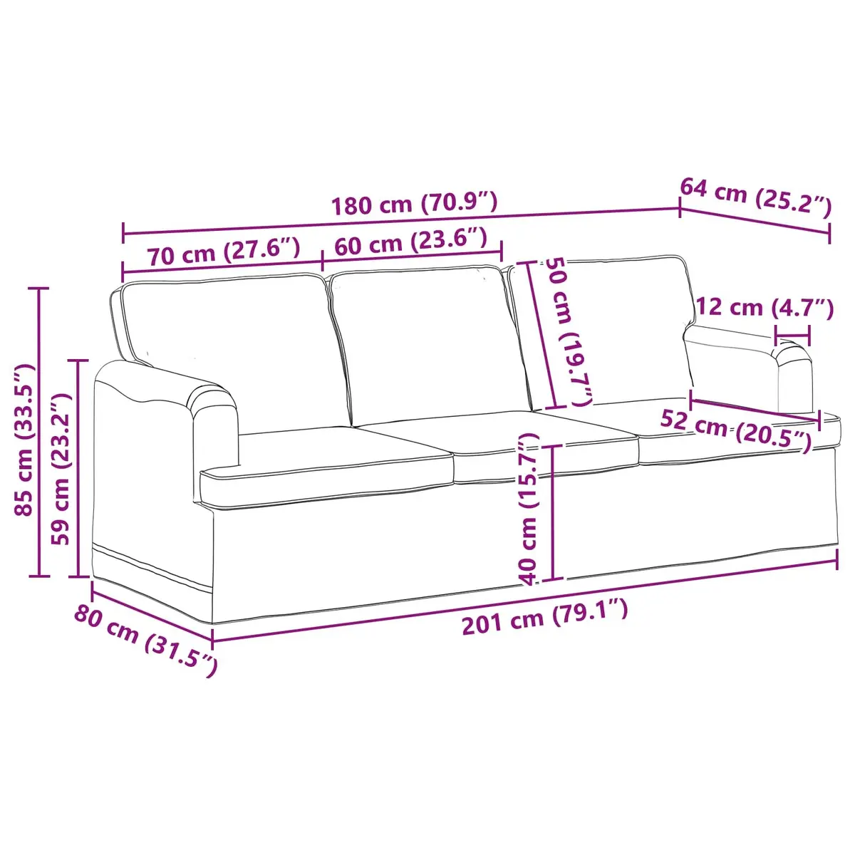 Black Fabric Sofa Modular 201 x 80 x 85 cm Metal Frame Living Room Lounge Couch