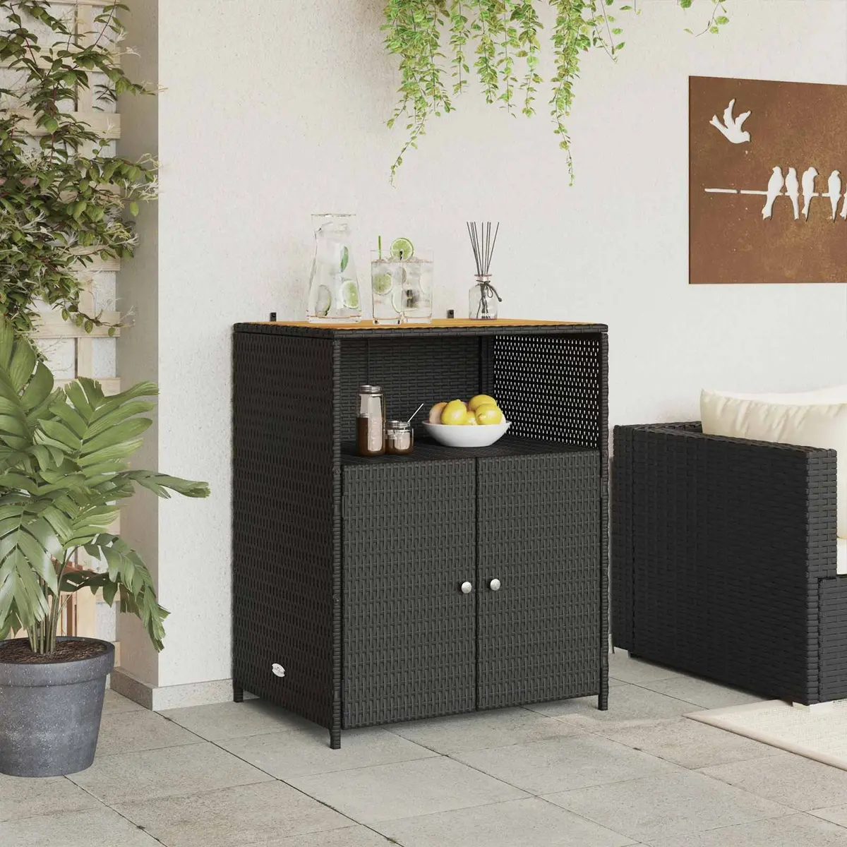 Storage Cabinet Black 70x50x87cm Acacia Wood Poly Rattan Indoor Outdoor Shelving