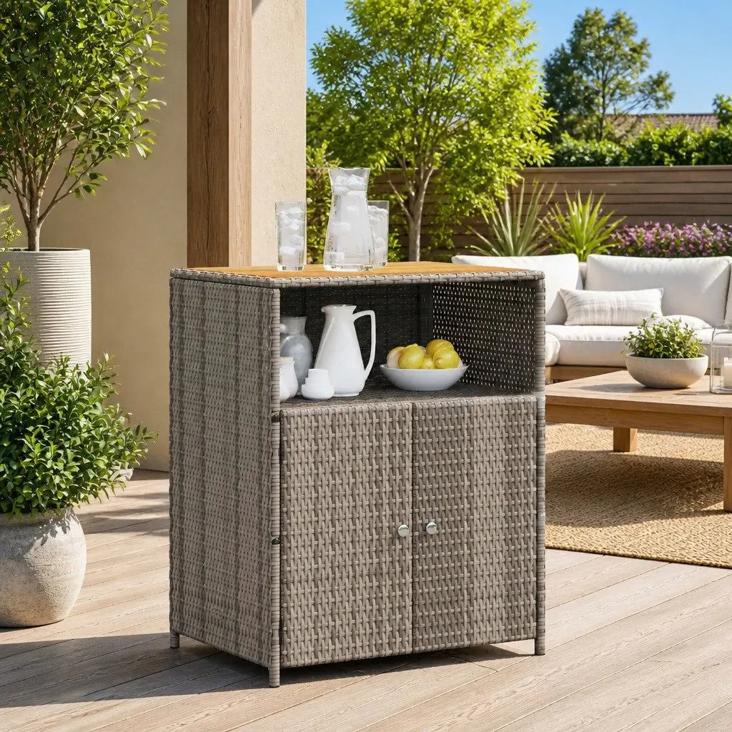 Grey Storage Cabinet with Rattan Doors