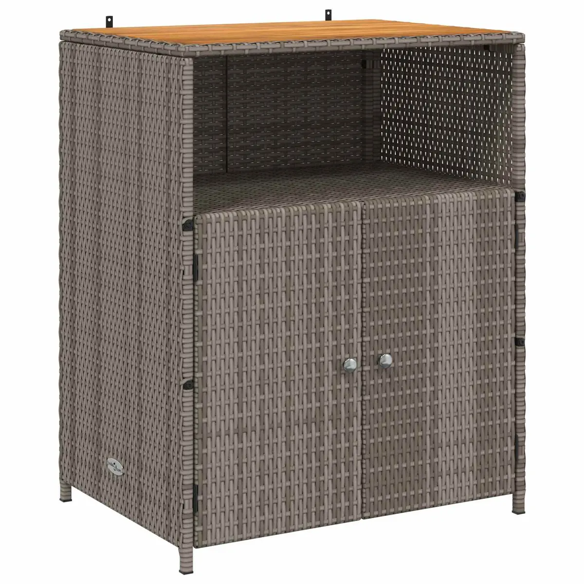 Storage Cabinet Grey 70x50x87cm Acacia Wood Top Poly Rattan Doors Powder Coated Steel Frame