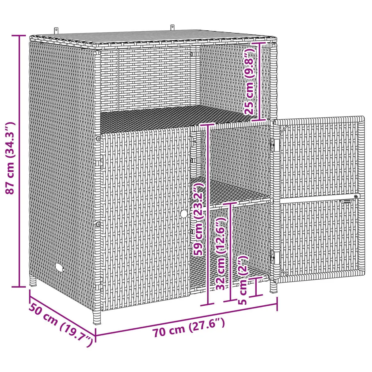 Storage Cabinet Grey 70x50x87cm Acacia Wood Top Poly Rattan Doors Powder Coated Steel Frame