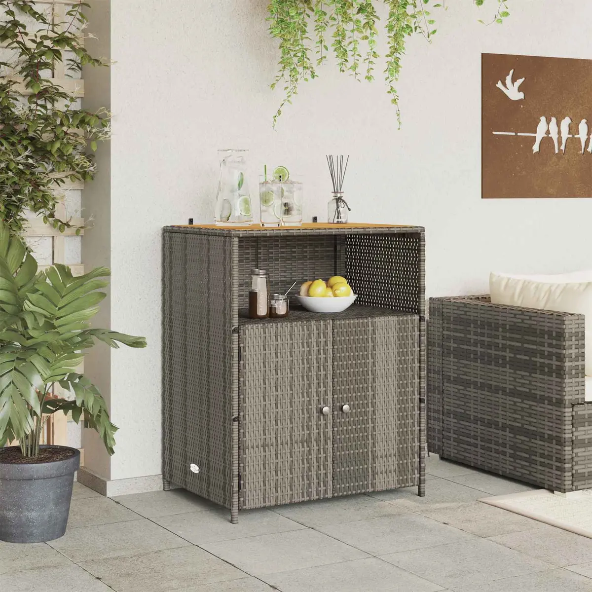 Storage Cabinet Grey 70x50x87cm Acacia Wood Top Poly Rattan Doors Powder Coated Steel Frame