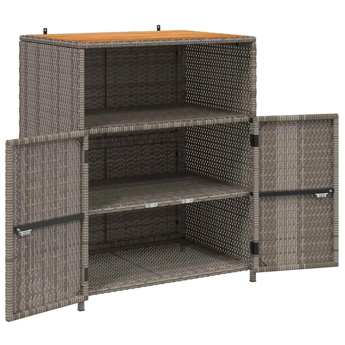 Storage Cabinet Grey 70x50x87cm Acacia Wood Top Poly Rattan Doors Powder Coated Steel Frame