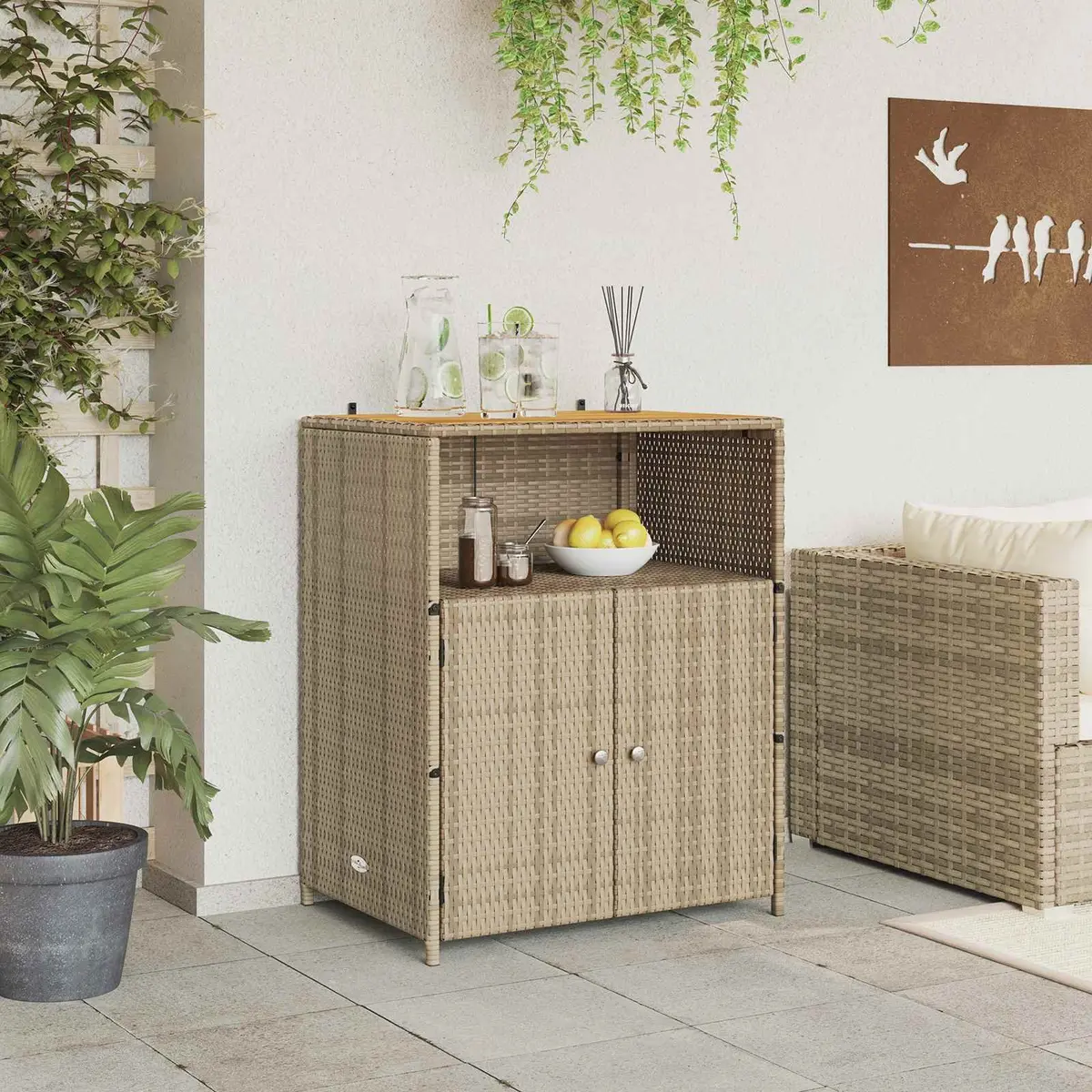 Rattan Cabinet Beige 70 x 50 x 87 cm Solid Acacia Wood Top Powder Coated Steel Frame Poly Rattan Shelves and Doors