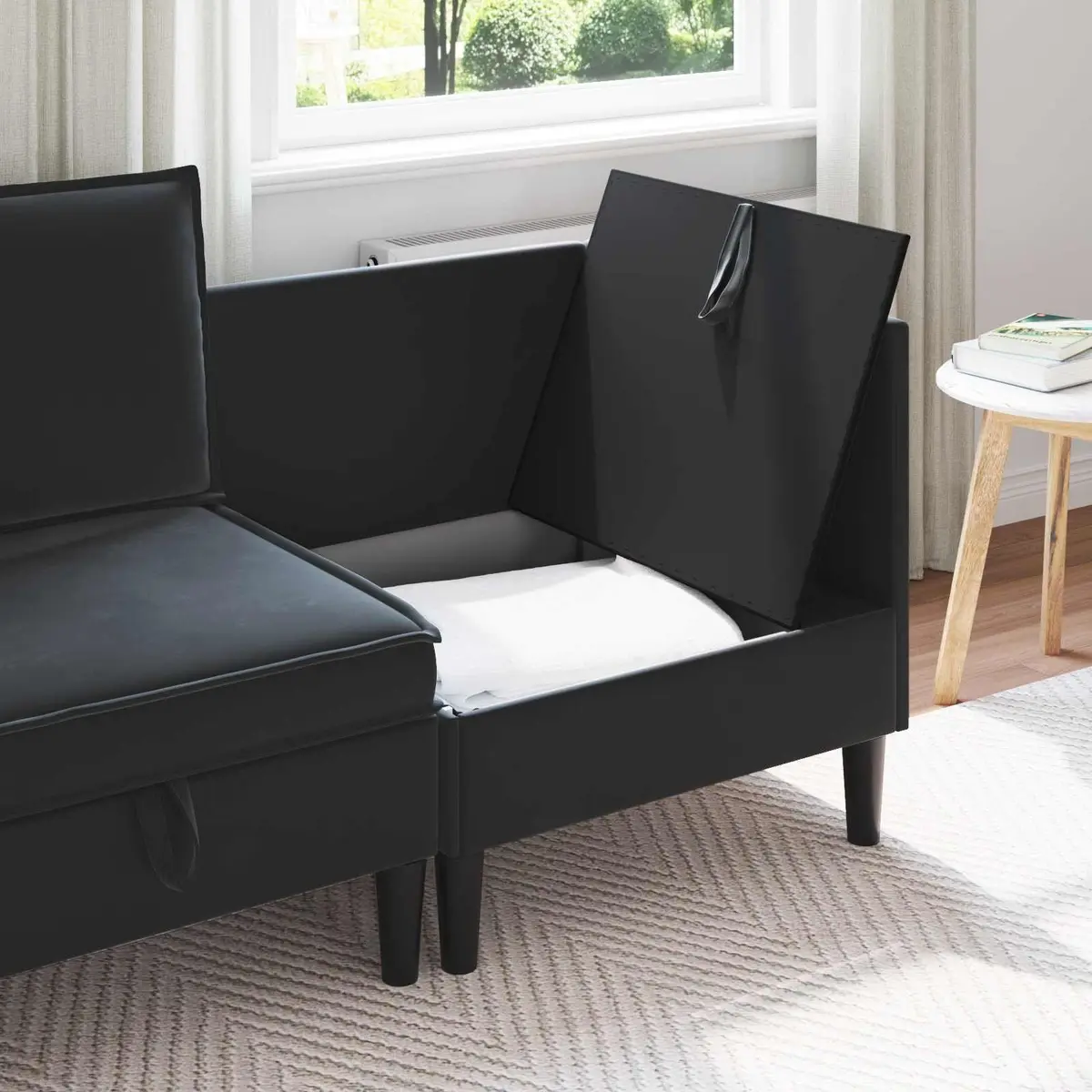Black Velvet Sofa with Hidden Storage Space