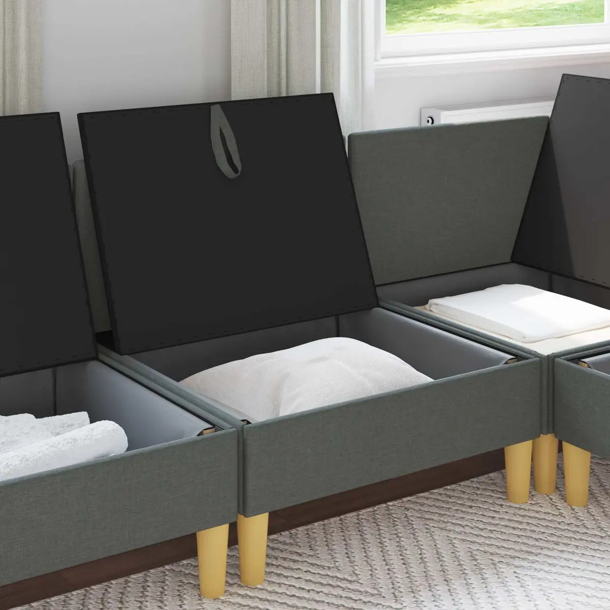 Storage Ottoman Fabric Footstool Dark Grey Square Seat with Hidden Storage