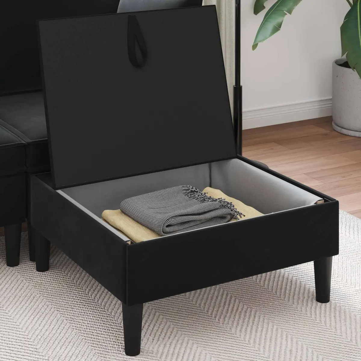 Storage Sofa Stool Black Velvet Modern Living Room Furniture with Built-in