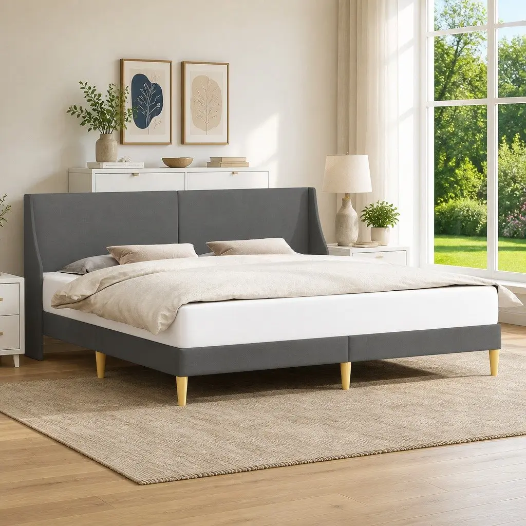 Dark Grey Fabric Headboard Bed Frame with Plywood Base