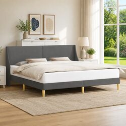 Dark Grey Fabric Headboard Bed Frame with Plywood Base