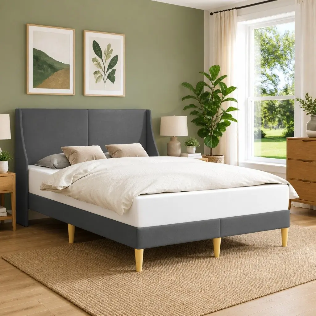 Bed Frame with Dark Grey Fabric Headboard Rectangular Modern Bedroom Furniture