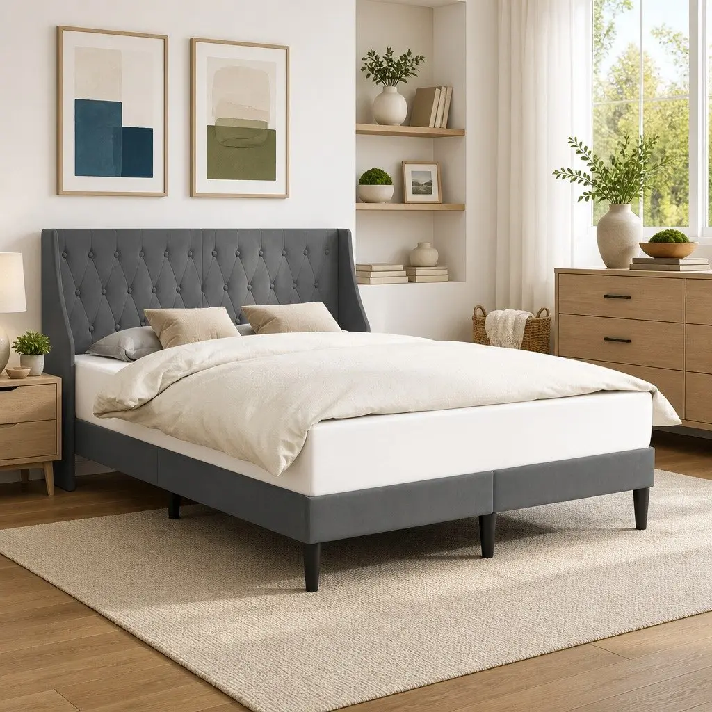 Bed Frame Modern Dark Grey Velvet Headboard 137 x 190 cm