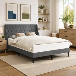 Modern Bed Frame with Dark Grey Velvet Headboard 137 x 190 cm