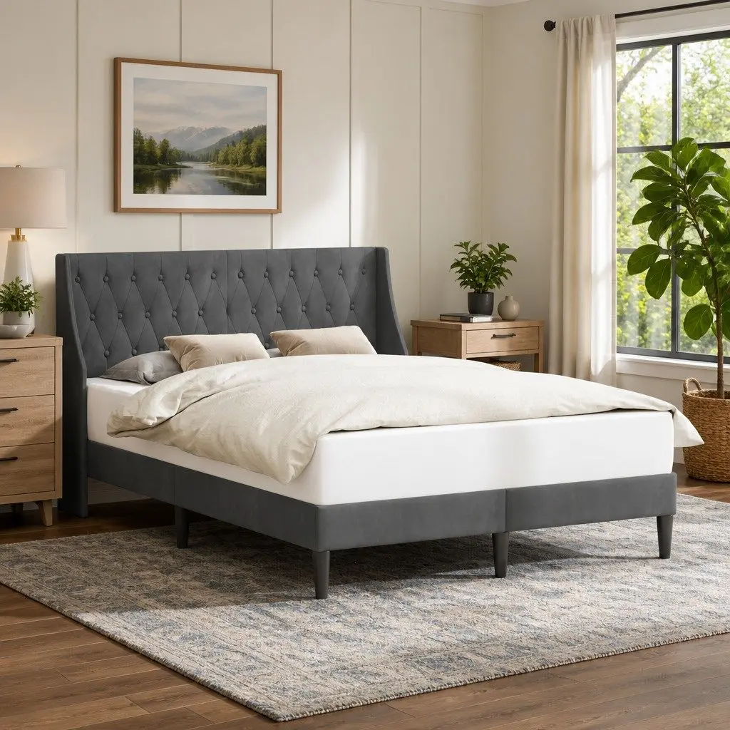 Dark Grey Velvet Bed Frame with Headboard 153 x 203 cm
