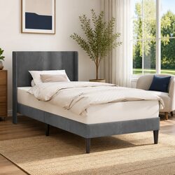Grey Velvet Bed Frame with Headboard 90 x 190 cm