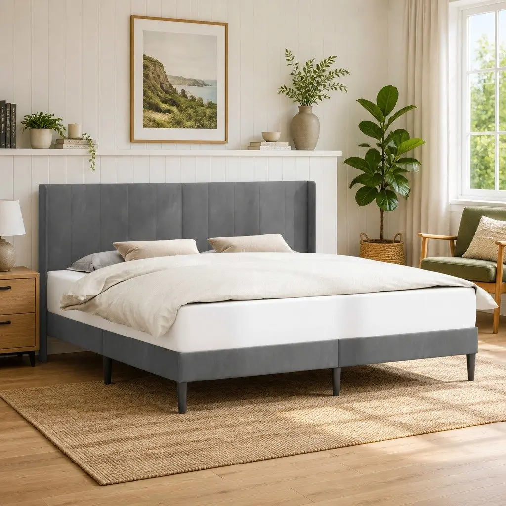 Bed Frame Grey Velvet 180 x 200 cm Modern Plywood Construction