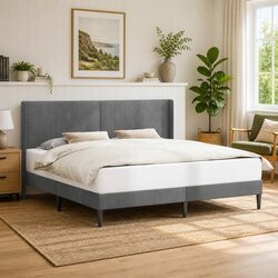 Elegant Grey Velvet Bed Frame with Headboard 180 x 200 cm
