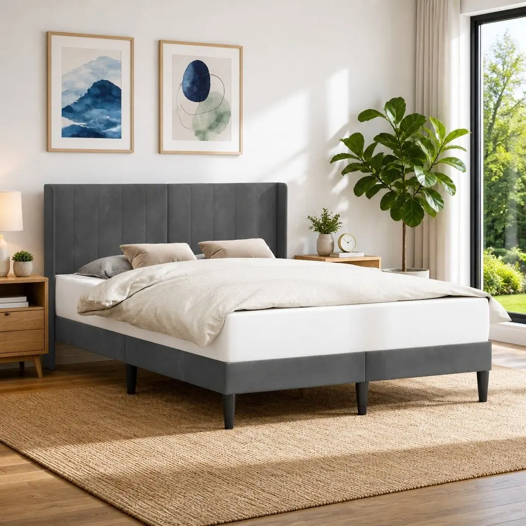 Dark Grey Bed Frame with Headboard 137 x 190 cm