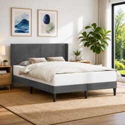 Dark Grey Bed Frame with Headboard 137 x 190 cm