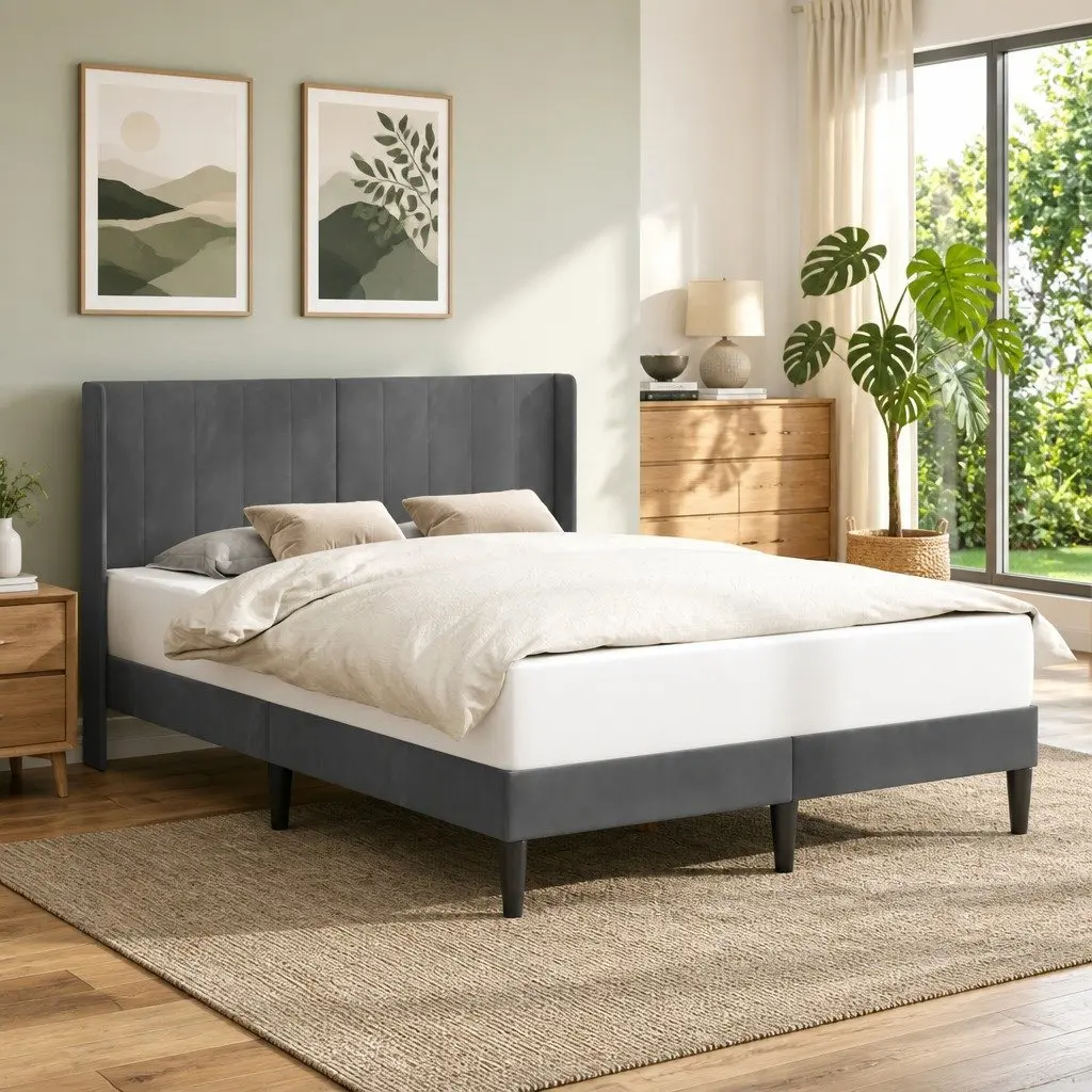 Velvet Headboard Bed Frame Dark Grey 153 x 203 cm