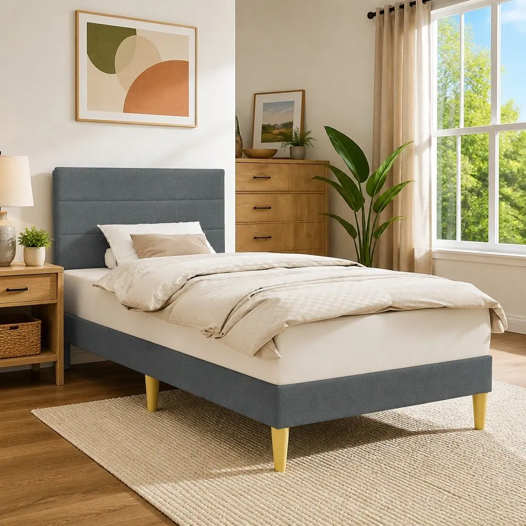 Fabric Bed Frame with Headboard Modern Dark Grey 90 x 190 cm Plywood