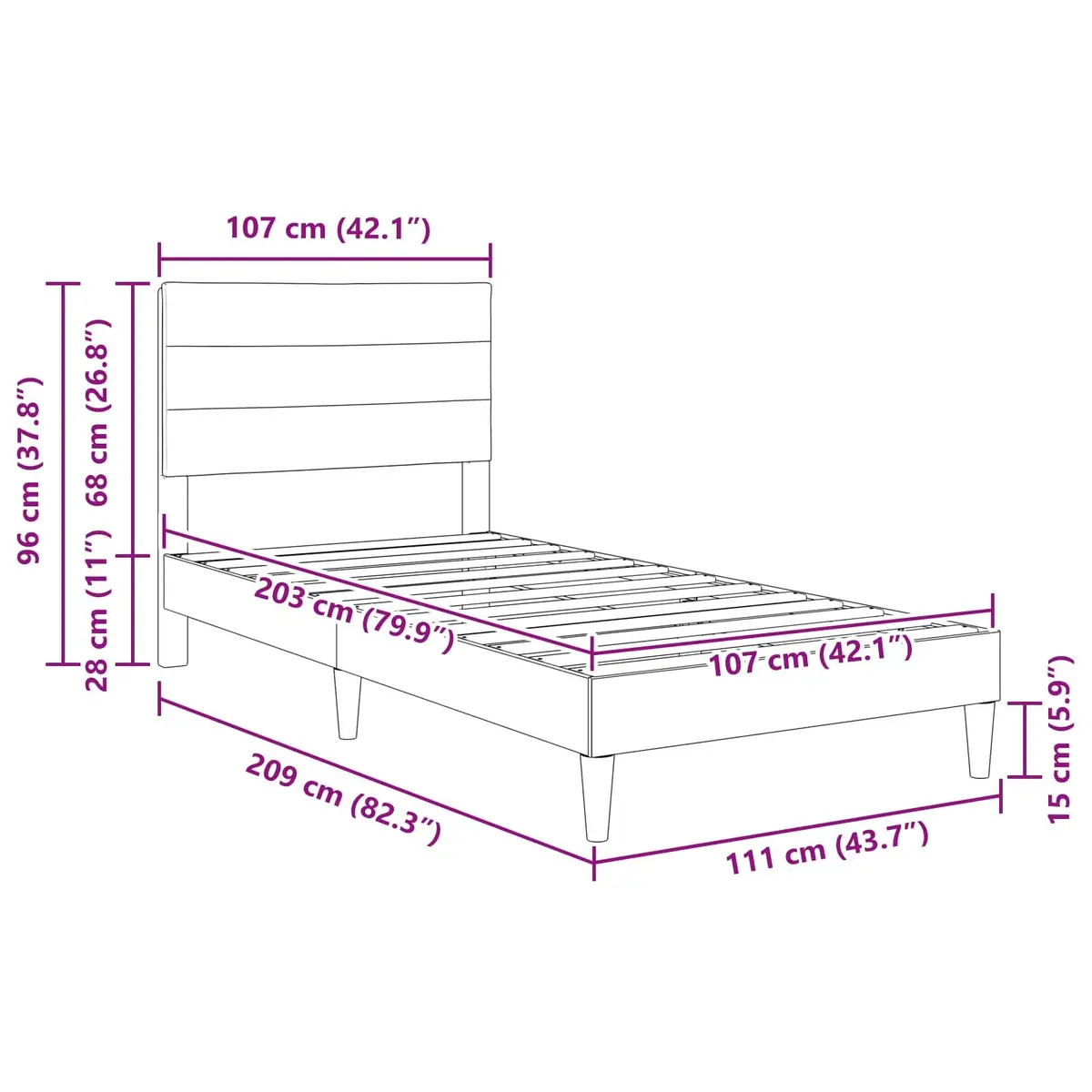 Bed Frame Fabric Upholstered Headboard Dark Grey 107 x 203 cm Modern Plywood