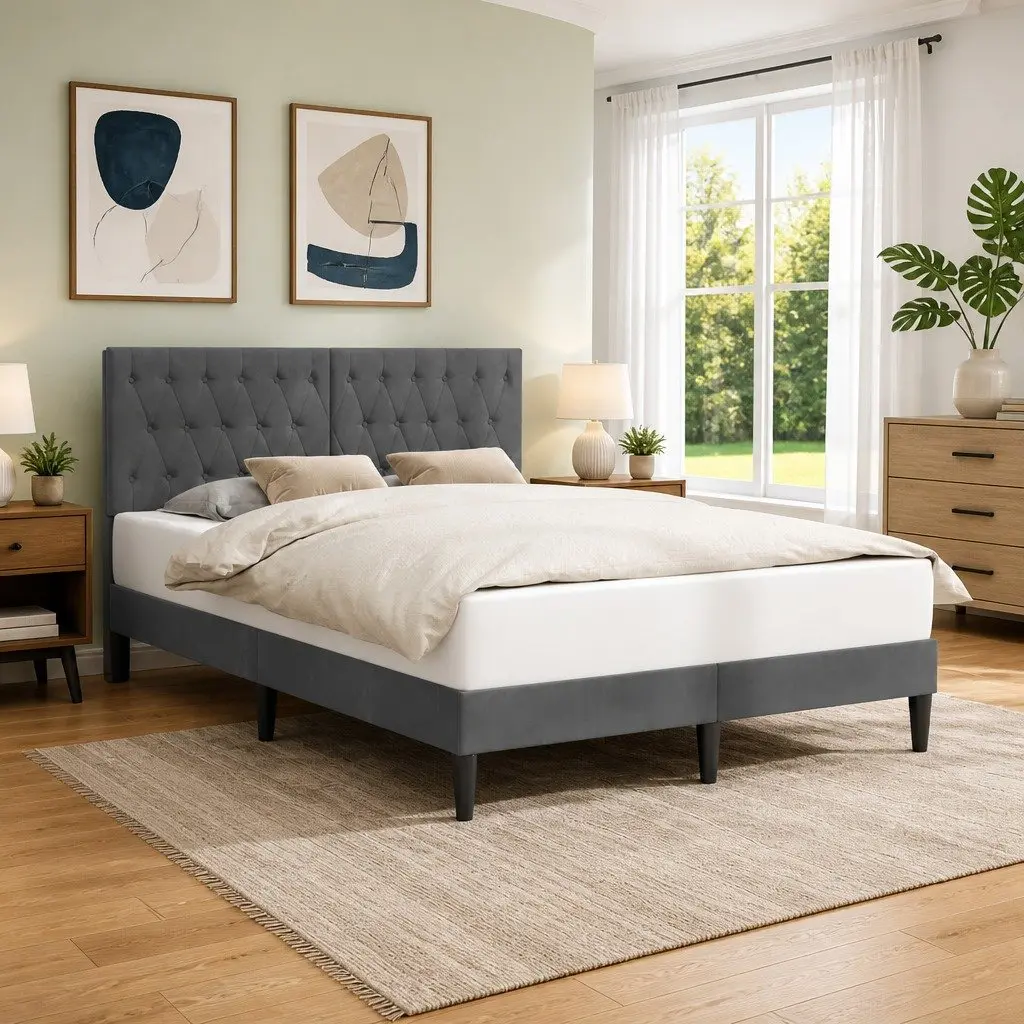 Velvet Bed Frame with Headboard in Dark Grey 137 x 190 cm